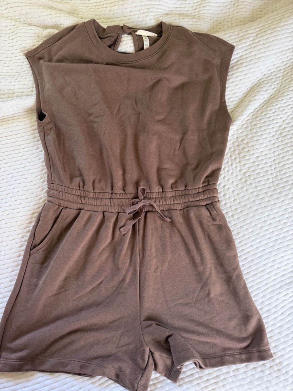 Sleeveless Drawstring Romper in Taupe